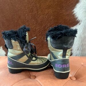 Sorel Sparkling Gold and Black Fur-Trimmed Boots